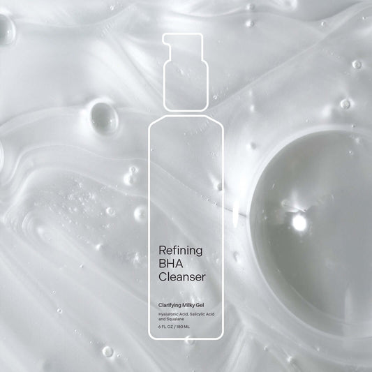 Refining BHA Cleanser in a clarifying milky gel texture on a smooth background.